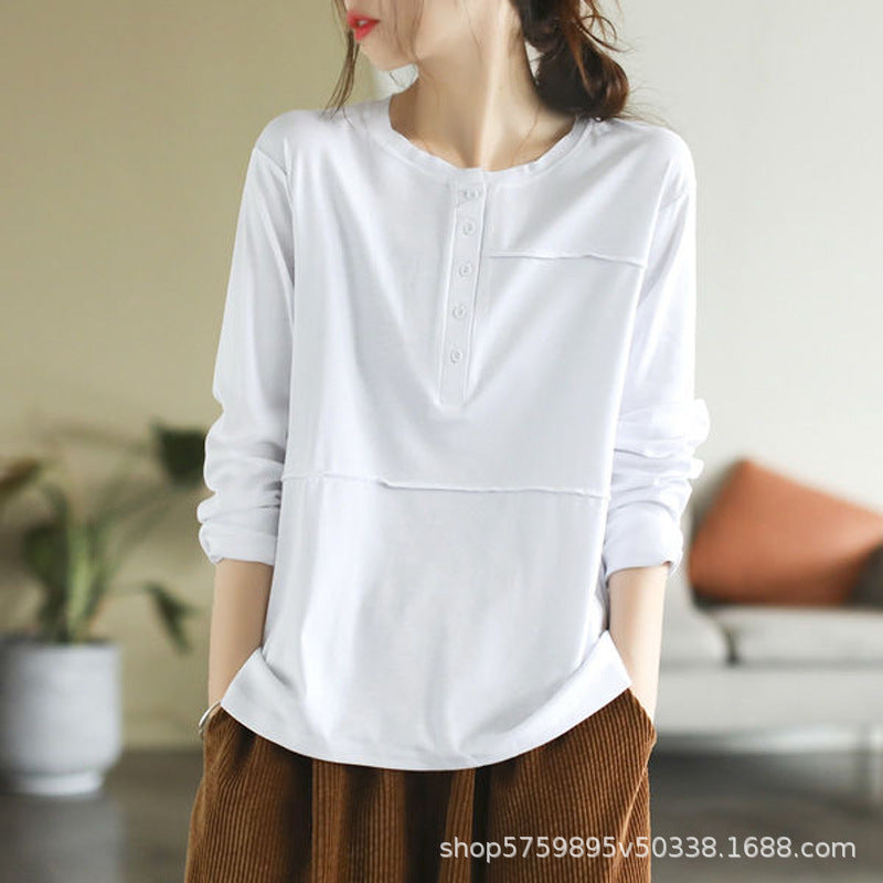 レトロ春秋ロングスリーブボタンTシャツ