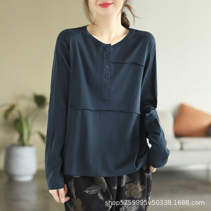 レトロ春秋ロングスリーブボタンTシャツ