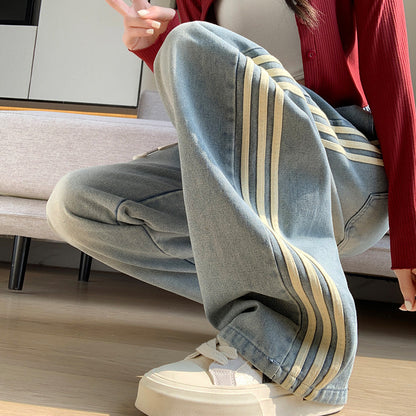 アメカジテイストワイドデニムパンツ/レトロ風デザイン