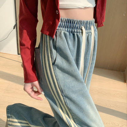 アメカジテイストワイドデニムパンツ/レトロ風デザイン